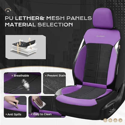 Coverado 3D Air Mesh Car Seat Cover Full Set, Sports Carbon Fiber Design, Breathable Seat Protectors Airbag Compatible Comfort Universal for Most Cars, Van,Trucks, SUV, Black&Purple