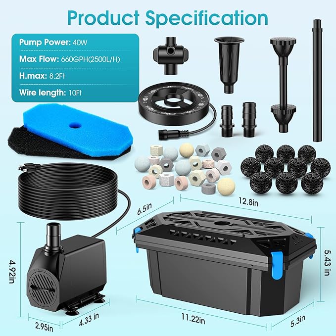RGB Pond Filter with Pump Fountain Kits, 660GPH Pond Filter Box With 40W Pond Pump & RGB Auto-Cycle LED Lights, Koi Pond Filters for Outdoor Ponds Clean, Clear, and Add Water Features