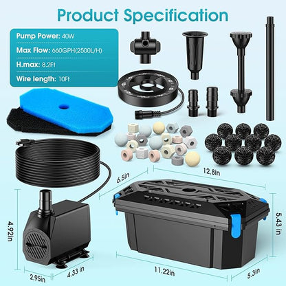 RGB Pond Filter with Pump Fountain Kits, 660GPH Pond Filter Box With 40W Pond Pump & RGB Auto-Cycle LED Lights, Koi Pond Filters for Outdoor Ponds Clean, Clear, and Add Water Features