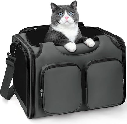 Dog, Cat Carrier for Pets Up to 12 Lbs, Airline Approved Collapsible Soft-Sided Pet Travel Bag with Locking Zippers, Breathable Mesh and 4 Large Pockets, Removable Fleece Pad (Dark Grey)