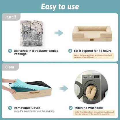 COZY KISS Cooling Dog Bed for Extra Large Dogs 44x32 inch, Q-Max >0.4 Summer Cool Orthopedic Foam Pet Sofa Bed with Sides, XL Size Bolster Anti-Slip Couch with Washable Removable Cover, Beige