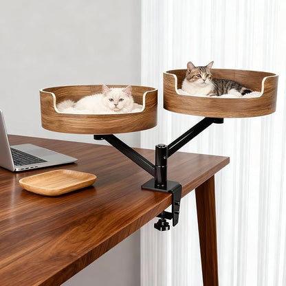 Double Cat Desk Bed with 2 Pet Mat ，360° Rotation ，Walnut Wood Finish，Space-Saving Perch Adjustable Cat Bed Desk Easy Install - Suitable for Indoor Furniture for Office & Game Tables