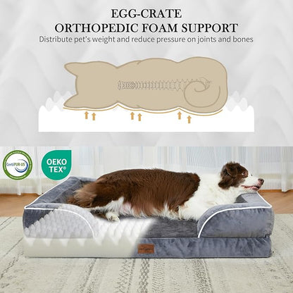 Comfort Expression Orthopedic Dog Bed for Extra Large Dogs 53x42 Inch, Waterproof Egg Crate Foam XXL Pet Bed with Removable Bolsters, Dog Couch with Washable Cover & Non-Slip Bottom, Dark Grey