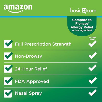 Amazon Basic Care 24-Hour Allergy Relief Nasal Spray, Fluticasone Propionate (Glucocorticoid), 50 mcg, Full Prescription Strength, Non-Drowsy, 0.62 Fl Oz