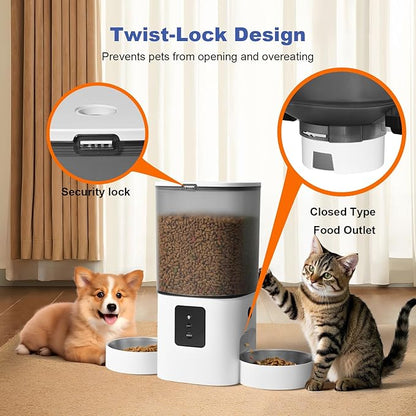 ANDOLL HOME 2.4G/5G Automatic Cat Feeder, 6L WiFi Cat Food Dispenser with 10s Voice Recorder, Double Bowl Pet Feeder up to 10 Meals per Day, Timed Feeder with Dry Food Sealed Ring (White)