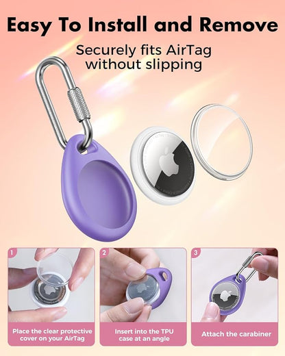 UNBREAKcable for AirTag Holder Case with Professional Carabiner, 4 Pack | Waterproof, Shockproof, Hold Securely, Easy to Install, Protective AirTag Keychain for Keys, Pets, Luggage-Pink&Purple