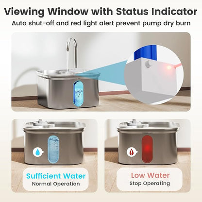 Cat Water Fountain Stainless Steel, 108oz/3.2L with 1 Filter | Auto Shut Off, Quiet Pump, Water Level Indicator, Dry-Run Protection, Large Square Pet Water Dispenser for Cats and Dogs