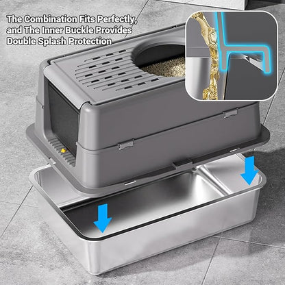 23.62" Large Stainless Steel Litter Box for Large Cats, Enclosed Cat Litter Pan with 180° Flip-Top Lid, Dual Entry Front Door & Top Entrance, Easy Clean Odor Control for Multi-Cat