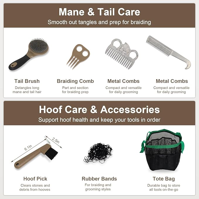 Swess Horse Grooming Kit 14 Pieces, Horse Brushes Set for Grooming & Bathing Supplies, Professional Horse Supplies with Mane & Tail Comb, Curry Comb, Hoof Pick, Gloves & Mesh Tote Bag for Equine Care