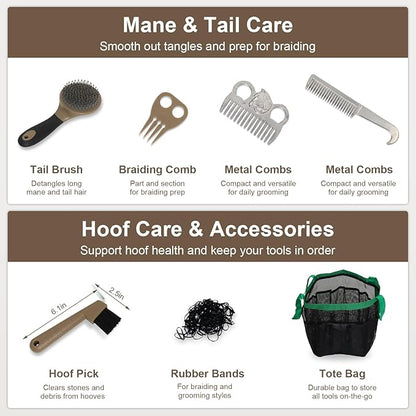 Swess Horse Grooming Kit 14 Pieces, Horse Brushes Set for Grooming & Bathing Supplies, Professional Horse Supplies with Mane & Tail Comb, Curry Comb, Hoof Pick, Gloves & Mesh Tote Bag for Equine Care