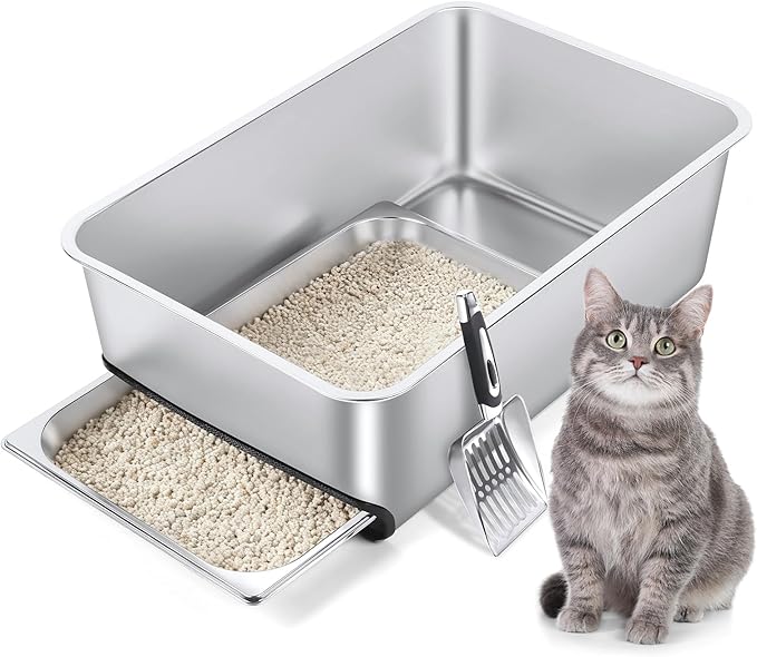 Stainless Steel Litter Box with Pull-Out Pan, 23.6" L x 15.7" Drawer Type Semi-Enclosed Cat Litter Box with Litter Scoop for Big Cat Easy Cleaning