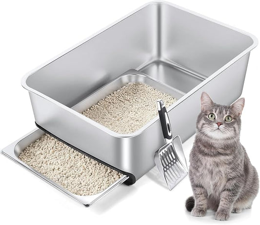 Stainless Steel Litter Box with Pull-Out Pan, 23.6" L x 15.7" Drawer Type Semi-Enclosed Cat Litter Box with Litter Scoop for Big Cat Easy Cleaning