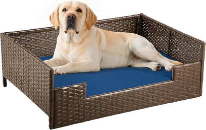 DWVO Rattan Dog House Outdoor Indoor with Cushion, Wicker Dog Sofa Bed for Small, Medium, and Large Dogs, 34.6''L*23.6''W*11.8''H, Blue