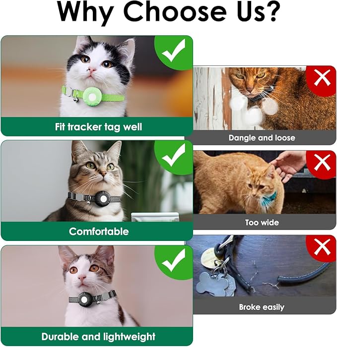 Cat Tracker, GPS Tracker Compatible with Apple Find My App(Only iOS), Waterproof Cat Trackers Collar with Bell and Safety Elastic Buckle,No Monthly Fee (Green)