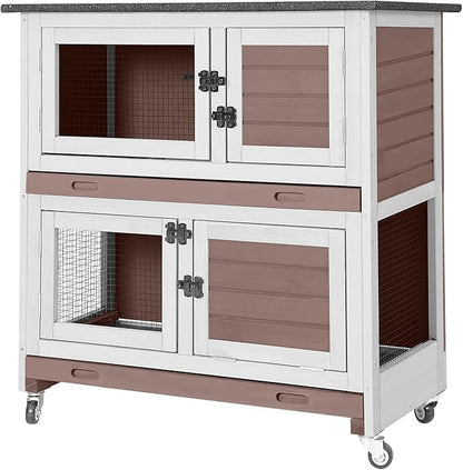 Aivituvin 36" Rabbit Hutch Bunny Cage Indoor Outdoor Guinea Pig Cage 2 Story Wth Trap Door, 2 Tray,Wheels,Brown