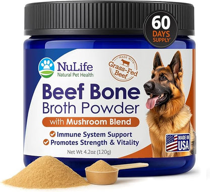 Grass-Fed Beef Bone Broth Powder for Dogs - Rich in Protein & Collagen, Enhanced with Mushroom Blend for Strong Bones, Joint Flexibility, Digestive Comfort & Immune Support - Made in USA - 4.2oz