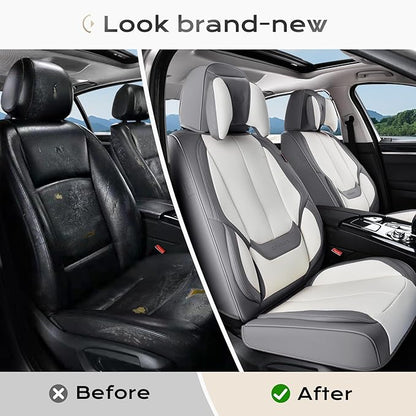 Coverado Seat Covers Full Set, 5 Seats Seat Covers for Cars, Waterproof Nappa Leather Car Seat Covers with Head Pillow, Seat Protectors Car Seat Cushion Universal Fit for Most Cars (Gray&White)