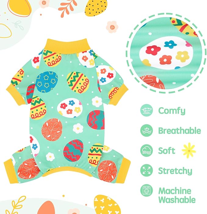 XPUDAC Easter Dog Pajamas, Soft Lightweight Dog Outfit Easter Eggs Puppy Clothes for Small Medium Dogs Pjs Pet Jumpsuit, S