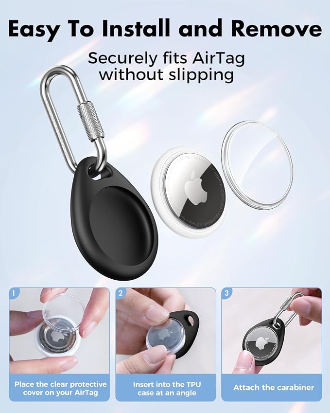 UNBREAKcable for AirTag Holder Case with Professional Carabiner, 4 Pack | Waterproof, Shockproof, Hold Securely, Easy to Install, Protective AirTag Keychain for Keys, Pets, Luggage-Black