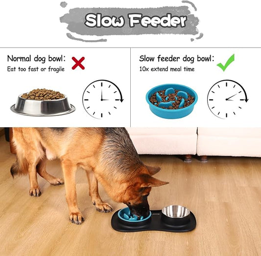 MateeyLife Dog Food and Water Bowl Set 3 in 1, Slow Feeder Dog Bowls & Stainless Steel Water Bowl with Non-Spill Silicone Mat, Cat and Puppy Bowls Pet Dishes for Small Medium Large Breed Anti-Choking
