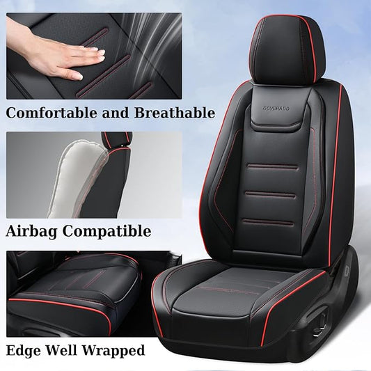 Coverado Car Seat Covers Full Set, Seat Covers for Cars, Car Seat Protector Waterproof, Leather Cushion, Universal Car Interior Covers Seat Protectors for Most Cars Black-Redline