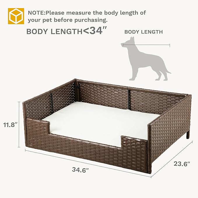 DWVO Rattan Dog House Outdoor Indoor with Cushion, Wicker Dog Sofa Bed for Small, Medium, and Large Dogs, 34.6''L*23.6''W*11.8''H, Beige