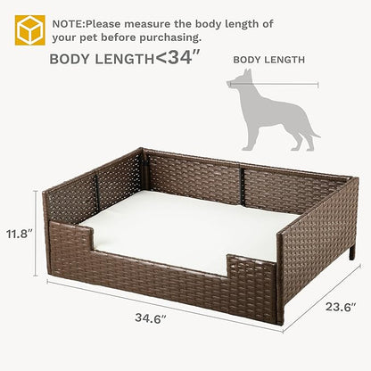 DWVO Rattan Dog House Outdoor Indoor with Cushion, Wicker Dog Sofa Bed for Small, Medium, and Large Dogs, 34.6''L*23.6''W*11.8''H, Beige