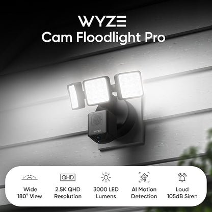 WYZE Floodlight Camera Pro, PCMag Editors' Choice 3000-Lumen LEDs, 2.5K HD Outdoor Security Camera, 180° Wide View, Color Night Vision, Works with Alexa & Google, Wired. Free Expert Setup