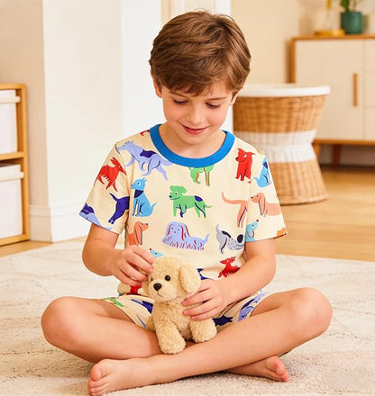 Popshion Boys Pajamas 100% Cotton Toddler Clothes Summer Pjs for Boy Planet Dinosaur Sleepwear Kids Short Sets 2-10 Years