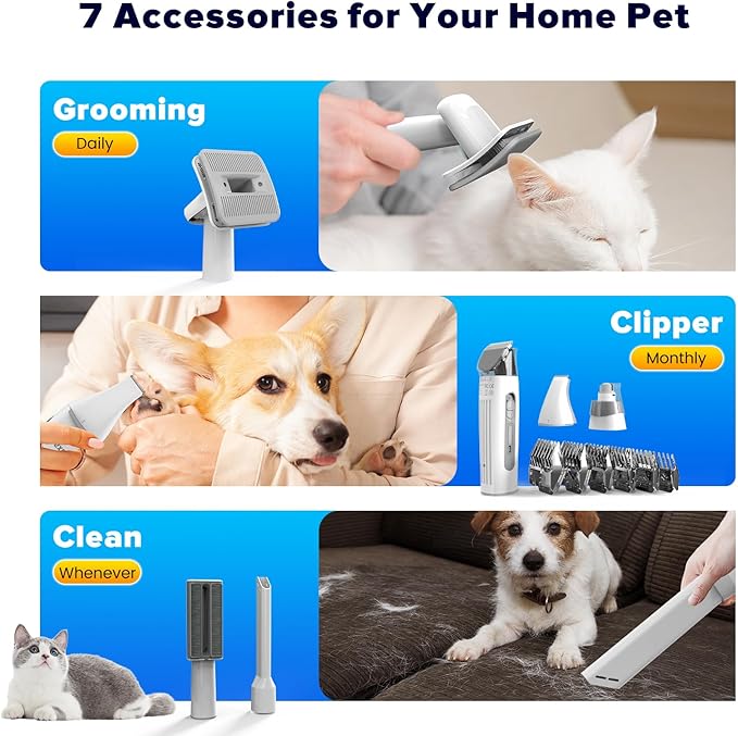 DUXANO 7 in 1Dog Grooming Kit Pet Grooming Kit 15000 Pa Powerful Vacuum Suction Picks Up 99% Pet Hair, Pet Hair Remover with Dog Clippers, Grooming Brush, Nail Trimmer Grinder (Extra Large)