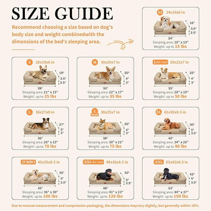 Comfort Expression Orthopedic Dog Bed for Large Dogs 38x25 Inch, Waterproof Egg Crate Foam Large Pet Bed with Removable Bolsters, Dog Couch with Washable Cover & Non-Slip Bottom, Light Brown