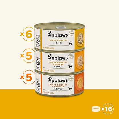 Applaws Natural Wet Canned Cat Food, Limited and Natural Ingredients, High Protein with No Artificial Additives, Chicken Selection Variety Pack in Broth (24 x 2.47oz Cans)