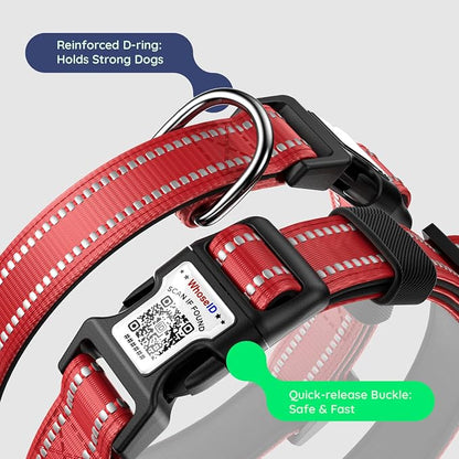 Airtag Dog Collar, Reflective Ultra-Durable Nylon Padded with QR Code Buckle & IP68 Waterproof Air Tag Holder Compatible for Apple AirTag, Comfortable for Small Medium Large Dogs(Red,L)