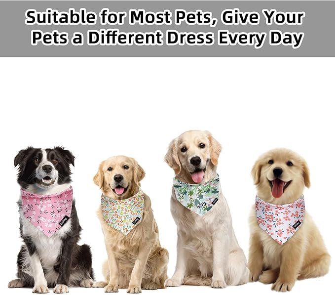Summer Spring Dog Bandanas-4PCS Pink Green Orange Floral Printing Dog Scarf Bib Kerchief Breed for Girl Dogs Large Medium Pets Gift