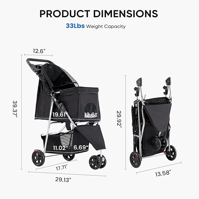 NEWBULIG 3 Wheel Pet Stroller for Dogs and Cats, Foldable, Lightweight and Durable, Ideal for Small to Medium Pets, Includes Storage Basket and Cup Holders