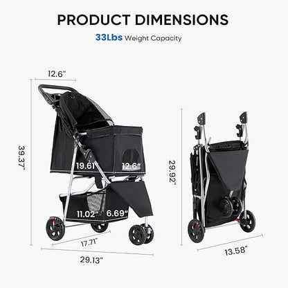 NEWBULIG 3 Wheel Pet Stroller for Dogs and Cats, Foldable, Lightweight and Durable, Ideal for Small to Medium Pets, Includes Storage Basket and Cup Holders