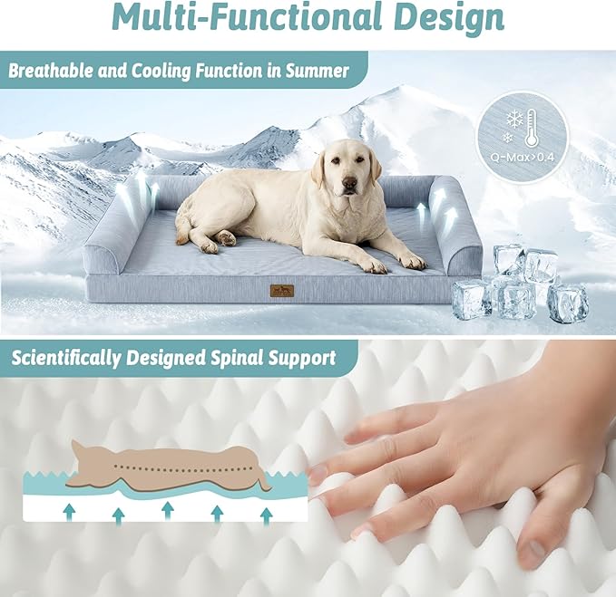 Cooling Dog Bed, Orthopedic Foam Dog Bed with Sides, Removable Cover & Waterproof Lining and Nonskid Bottom, Comfortable Pet Beds for Extra Large Dogs, Blue (48" L x 32" W x 7.5" Th)