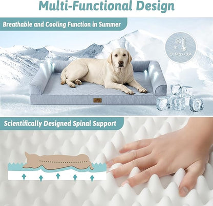 Cooling Dog Bed, Orthopedic Foam Dog Bed with Sides, Removable Cover & Waterproof Lining and Nonskid Bottom, Comfortable Pet Beds for Extra Large Dogs, Blue (48" L x 32" W x 7.5" Th)