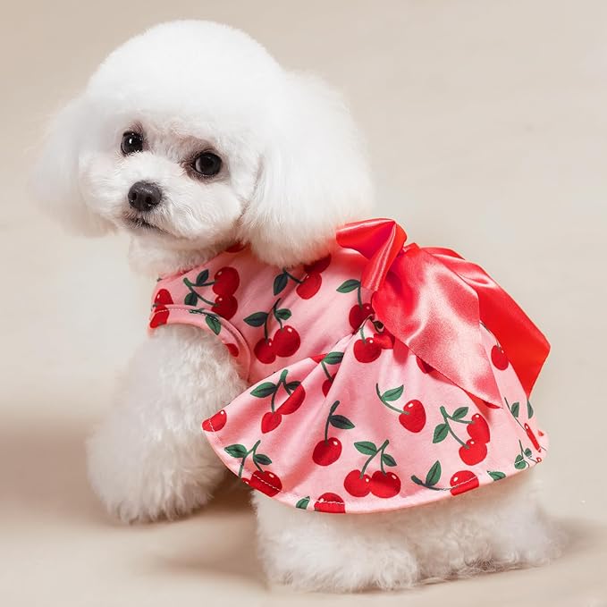 PUPTECK Print Dog Dress Pet Apparel with Cute Bowtie Puppy Clothes Outfit, Cherry, XS
