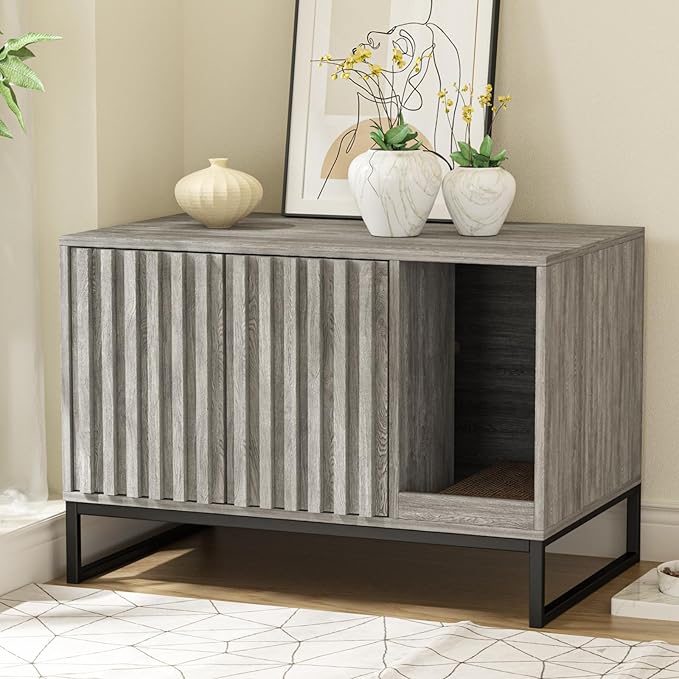 Halitaa Litter Box Enclosure, Modern Cat Litter Box Enclosure Furniture Hidden Litter Box with Cat Scratch Pad, Cat Washroom Cat House End Table, Entryway Bench for Livingroom (Grey)