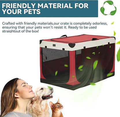 PETSFIT 40" Soft Portable Dog Crate – Patented Spiral Sturdy Frame, Collapsible Travel Kennel for Large Dogs, 3 Mesh Door, Lockable Zippers, Indoor & Car Use Red