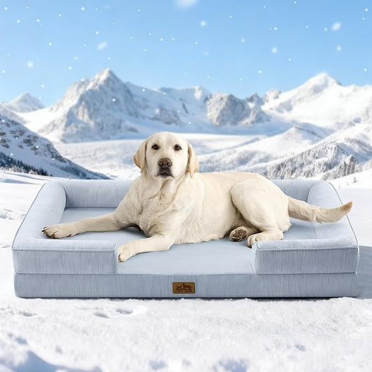 COZY KISS Cooling Dog Bed for Extra Large Dogs, Q-Max >0.4 Summer Cool Orthopedic Foam Pet Sofa Bed with Sides, Bolster Anti-Slip Couch with Washable Removable Cover, XXL 48x35x7.5 inch, Blue