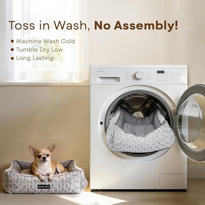 Mora Pets Reversible Dog Bed for Small Medium Dogs Large Cat Bed Washable - Cool & Warm 2-in-1 Anti Anxiety Calming Pet Bed for Summer, Rectangle Puppy Bed with Fluffy Grey Rose (25''x21''x7'')