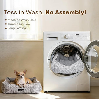 Mora Pets Reversible Dog Bed for Small Medium Dogs Large Cat Bed Washable - Cool & Warm 2-in-1 Anti Anxiety Calming Pet Bed for Summer, Rectangle Puppy Bed with Fluffy Grey Rose (25''x21''x7'')