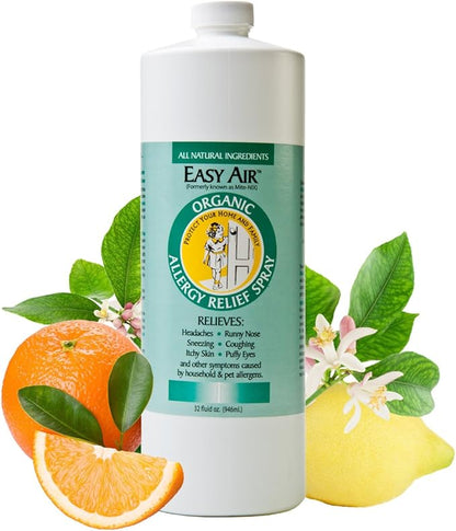 Easy Air Organic Allergy Relief Spray, Clear Liquid Formula for Instant Relief for Symptoms of Pet Allergies, Dust and Mite Allergy - 32 Fl Oz