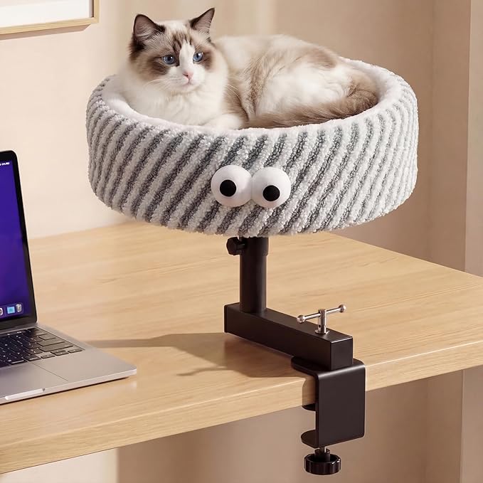 Cat Desk Bed, Height Adjustable 360° Rotating Desk Mounted Cat Bed, 2-in-1 Cat Desk Perch Hammock, Desk Cat Bed Attachment with Washable Cushion for Most Cats (Gray)