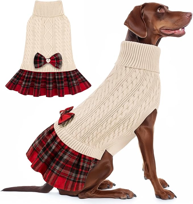 KYEESE Dog Sweater Warm Comfy Pet Coats Stretchy Knitwear Pullover Dog Sweaters for Large Dogs Thick Dogs Clothes Soft Turtleneck Pet Sweater Dress with Bowtie for Cold Weather Winter