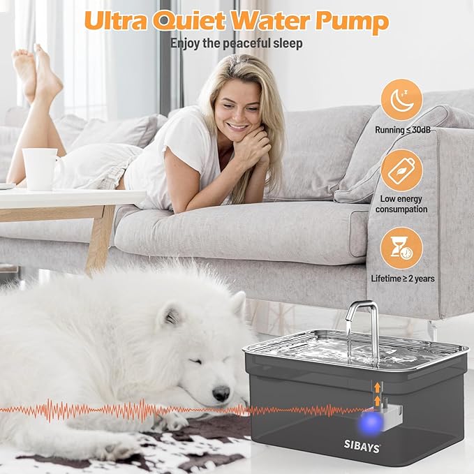 SIBAYS Replacement Pump for 10.5L/355oz/2.8Gal Large Pet Water Fountain(FS70), Ultra Quiet Dog Water Fountain Pump with LED Shortage Reminder P07