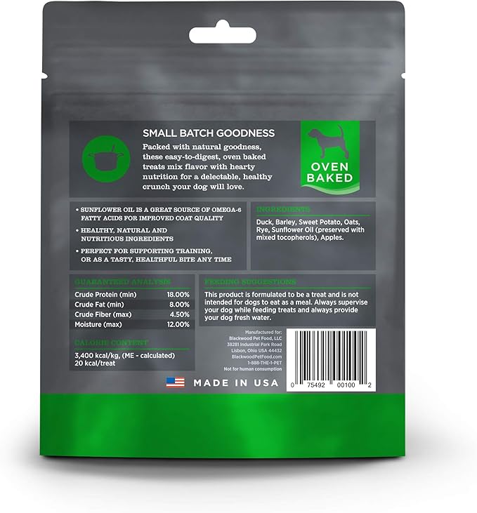 Blackwood Oven Baked Dog Treats, Duck with Apple, 8 Ounce Pouch, Training Treats for All Life Stages and Breed Sizes
