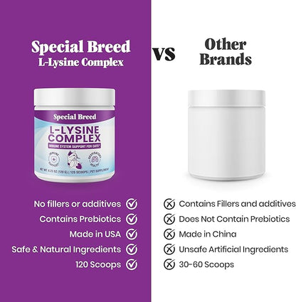 Special Breed L-Lysine for Cats and Kittens – Immune, Respiratory and Eye Support – Cat Sneezing and Runny Nose Relief – Lysine Powder with Prebiotics, Krill, Bone Broth and DMG – 120 Servings